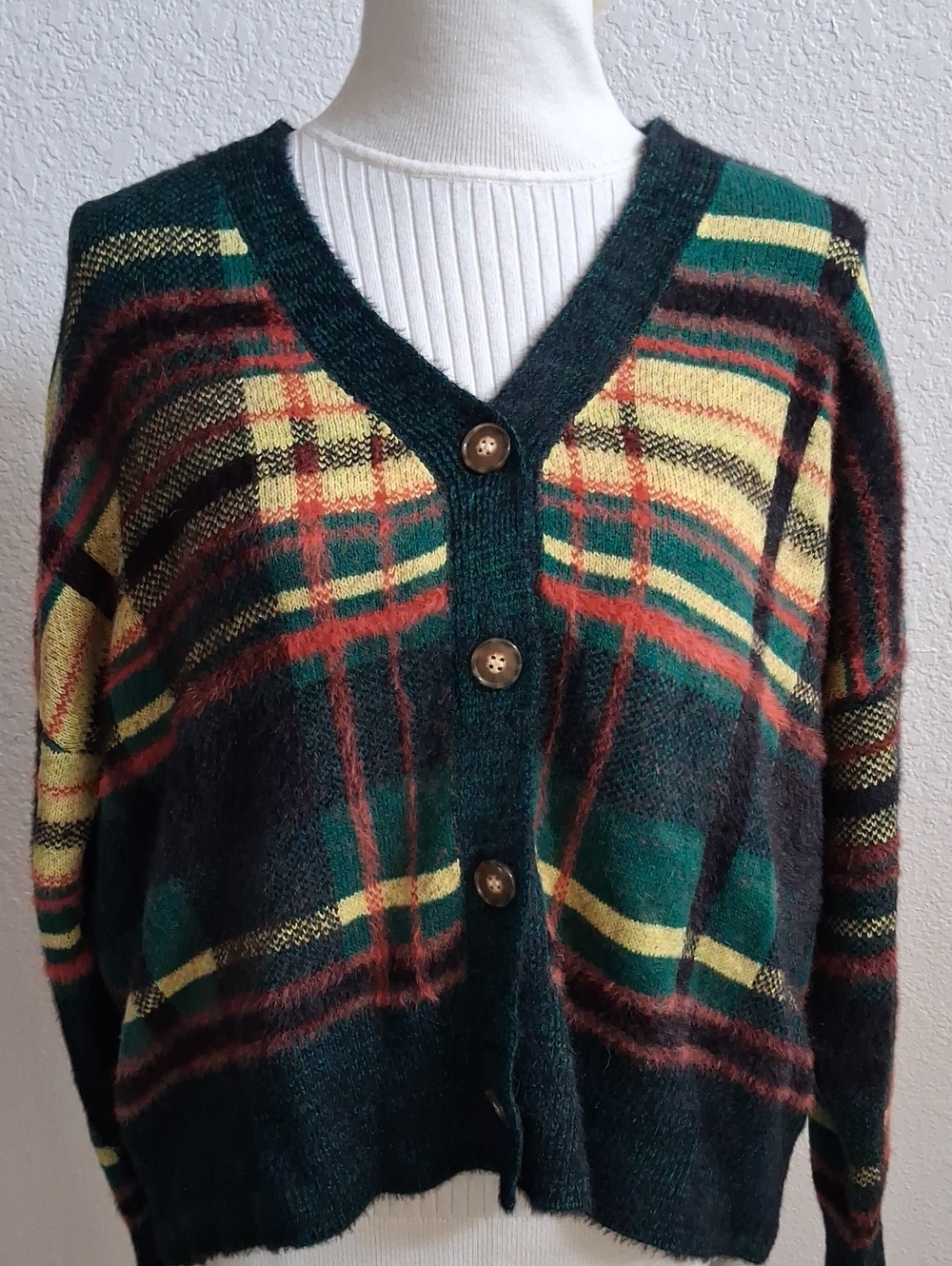 99 Jane Jane Street Plaid V-Neck Cardigan Sweater - Green/Yellow/Brown/Red (XL)